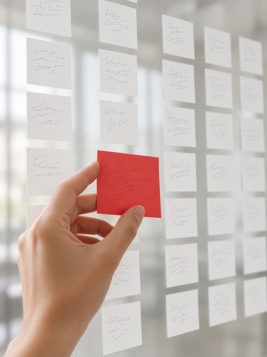 A hand moving a red sticky note between columns of white notes on a glass wall